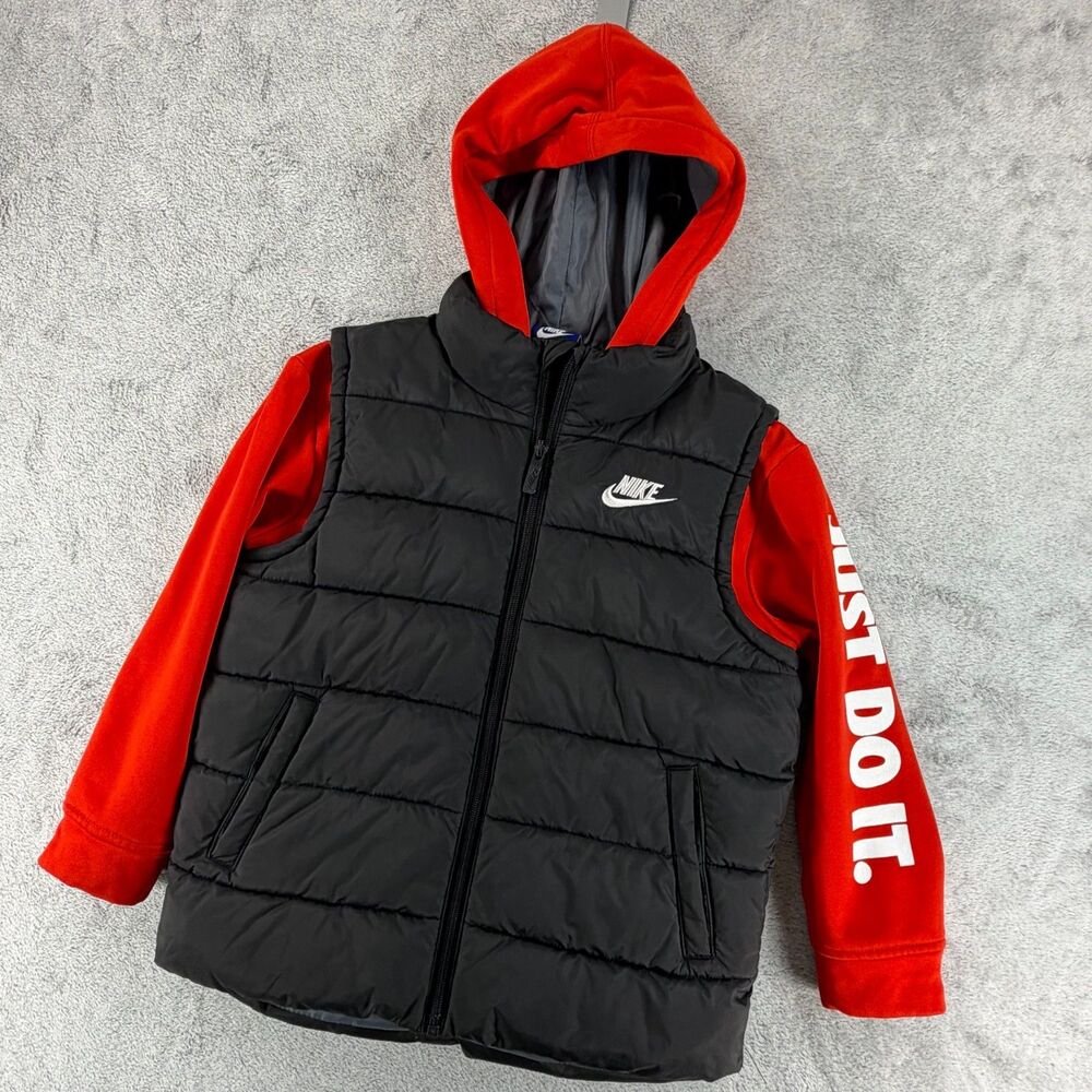 Nike Kids Size 7 Hooded Puffer Jacket Black Red Just Do It 6-7 Years